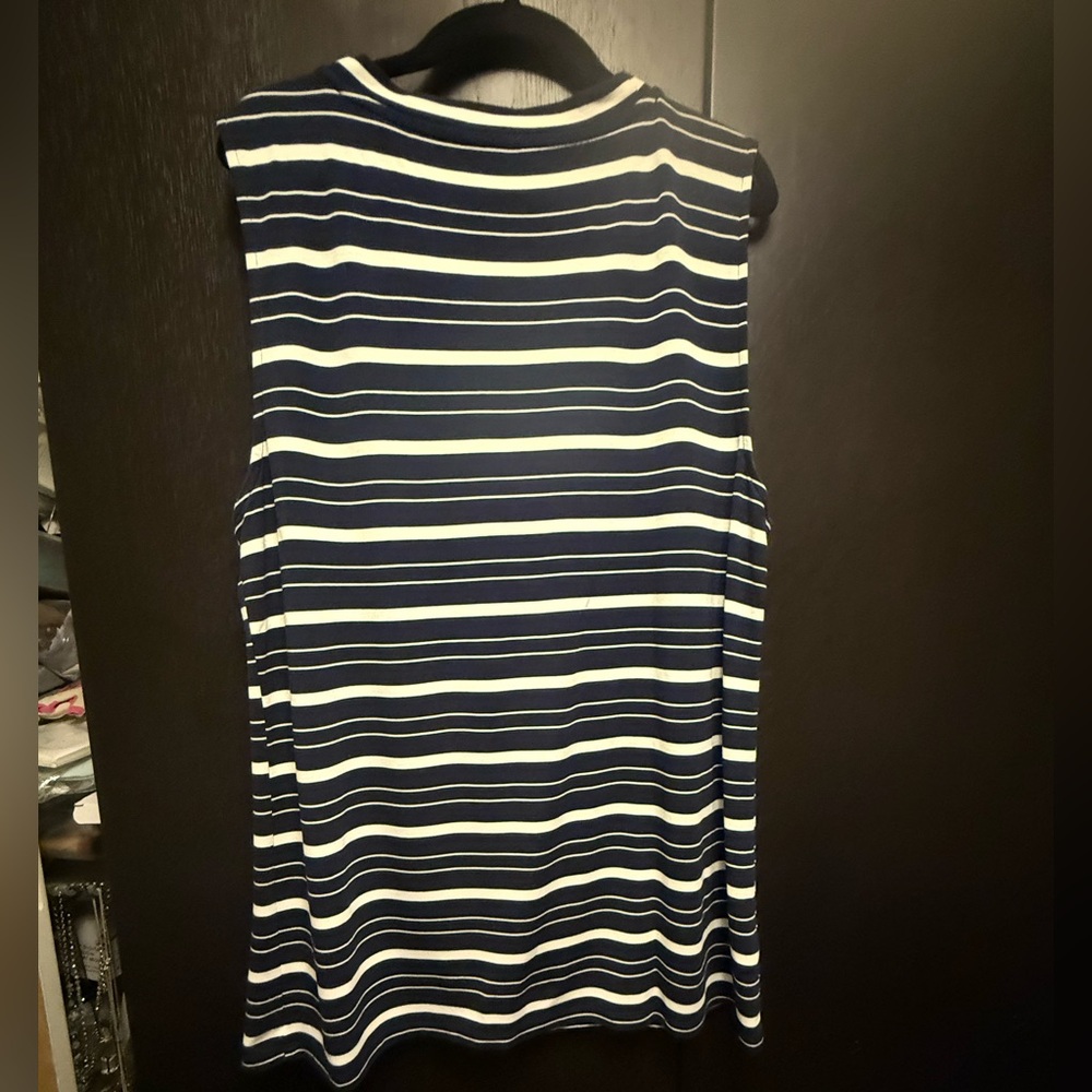 Ann Taylor Navy and Cream Knit Striped Shirt with High Neck